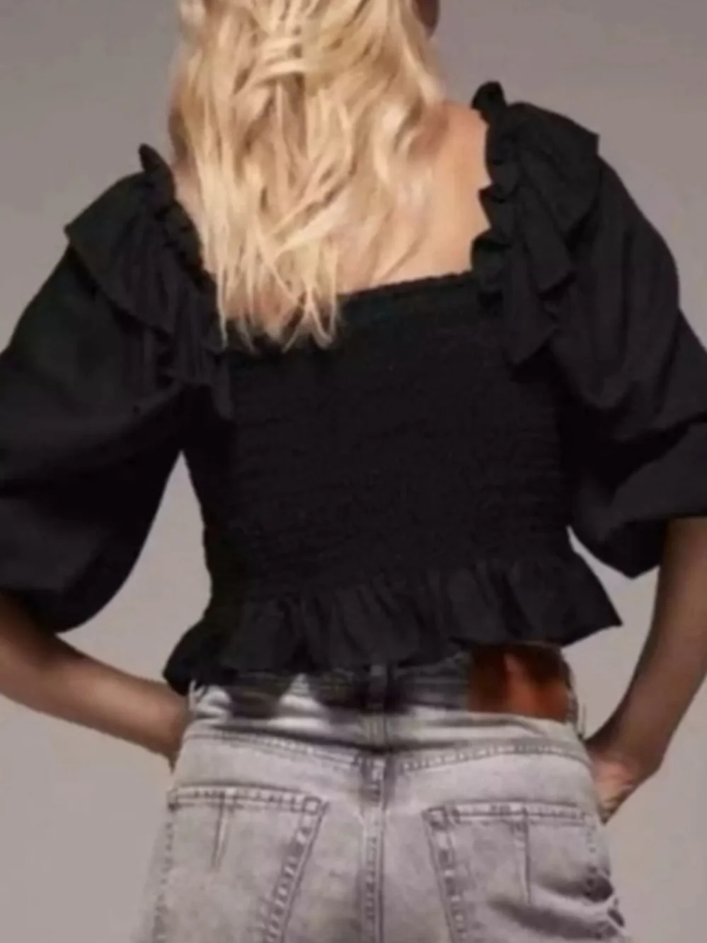 BNWT Zara Smocked Ruffled Puff Sleeve Crop Black Top S Cottagecore Boho Romantic - Picture 3 of 14